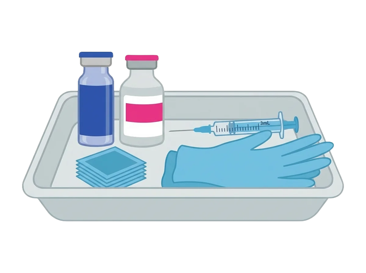 Peptide reconstitution supplies: bacteriostatic water, peptide vial, syringe, alcohol swabs, gloves